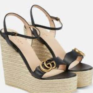 Gucci Black and Gold Wedge Sandals